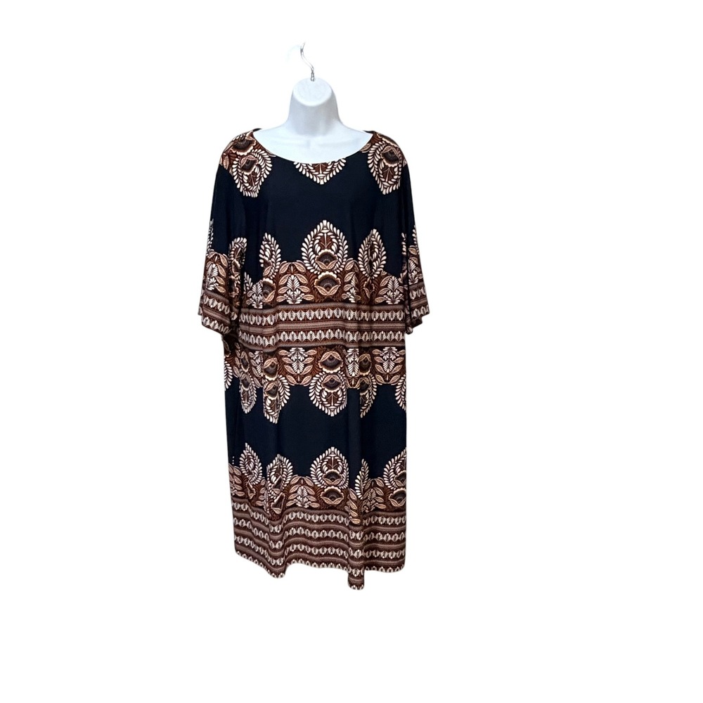 INC International Concepts Woman 3X Navy Brown Paisley Floral Shift Dress Boho